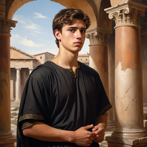 Prompt: a young man of 20 years old, handsome, brown hair, black eyes, wearing black tunic, ancient scene, with historical details, 1st century period, Roman tunics, painting style