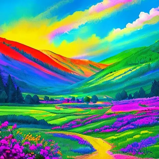 Prompt:  landscape in vivid colors, cool colors