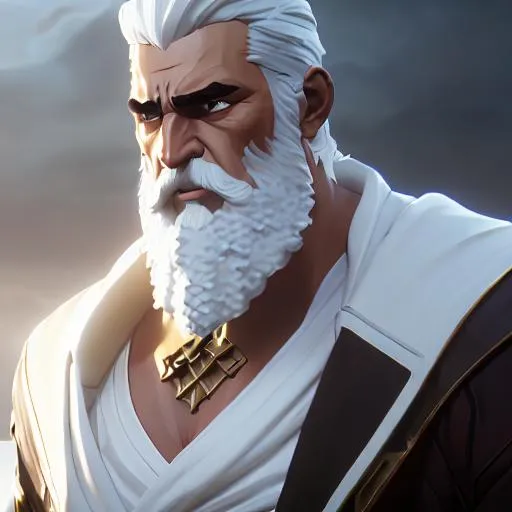 Prompt: Please produce a painted portrait of rugged zeus, god of thunder, greek god, white hair, masculine, mature, handsome, upper body, flowy robe, muscular, hairy torso, fantasy, intricate, elegant, highly detailed, digital painting, artstation, concept art, smooth, sharp focus, illustration