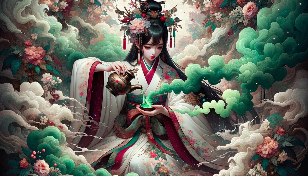 Prompt: Wide-ratio digital artwork capturing an oriental girl amidst a fairycore environment. She holds a hot item, from which light green and dark crimson smoke emanates. The scene is enriched with meticulous designs and elegant subjects.