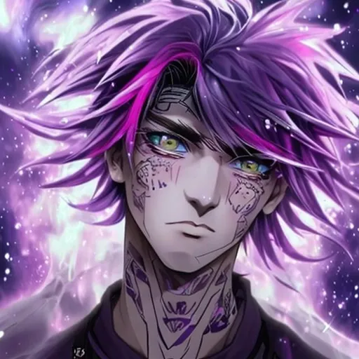 Prompt: A man with purple and pink accents on his hair with the beautiful stars on his eyes with an anime design l look to it with beautiful face
