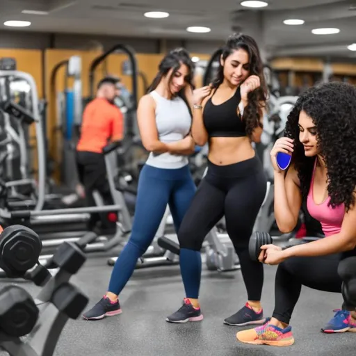 Prompt: Crowded gym full of beautiful in shape people talking on their phones ignoring each other instead of engaging in human conversation but all the time being desperate for attention