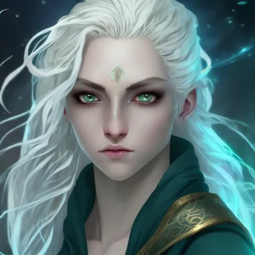 Prompt: A female wizard, white skin and very slightly pointy ears. Apparent age mid-20s. She has platinum blonde flowing hair with some delicate bronze jewelry. Green eyes with smokey eyeshadow. She wears elegant dark ocean-coloured robes with silver embroidery. 