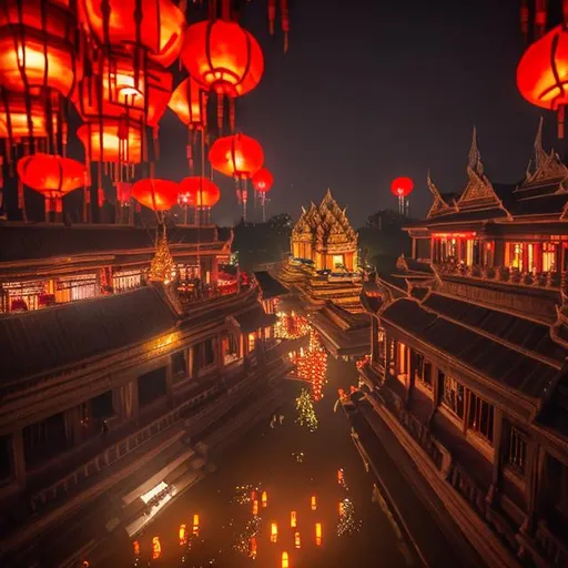 Prompt: A breath taking view of a traditional Cambodian temple with red lanterns floating  in the middle of cyberpunk city (from the outside)