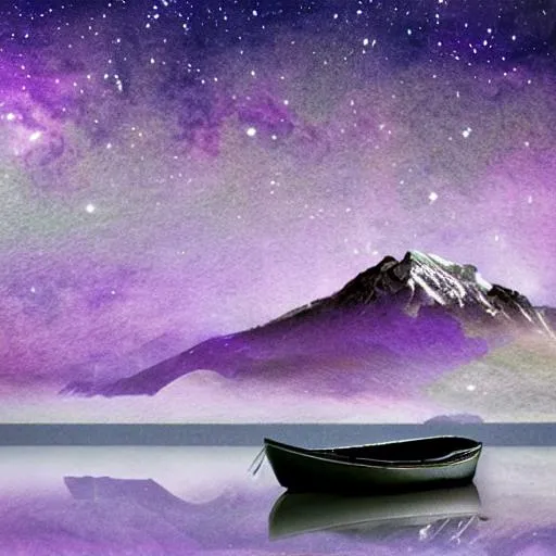 Prompt: a mountain standing tall over shimmering water on a purple starry night with a boat in the water