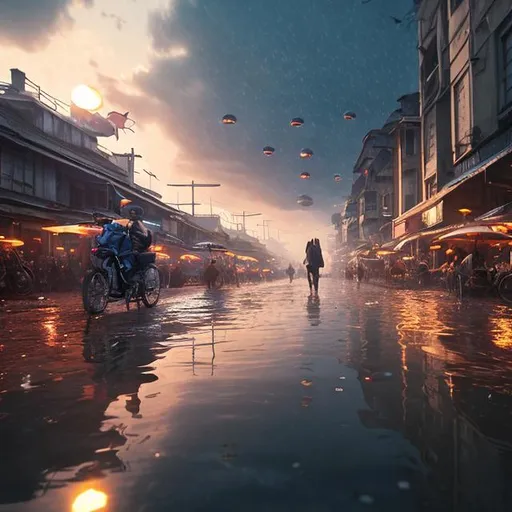 Prompt: Disrupting daily scene, realistic character, details, epic, realistic, photo, cinematic, floating lights, diffusion, umbrellas in the sky, rising sun, reflective wet ground,