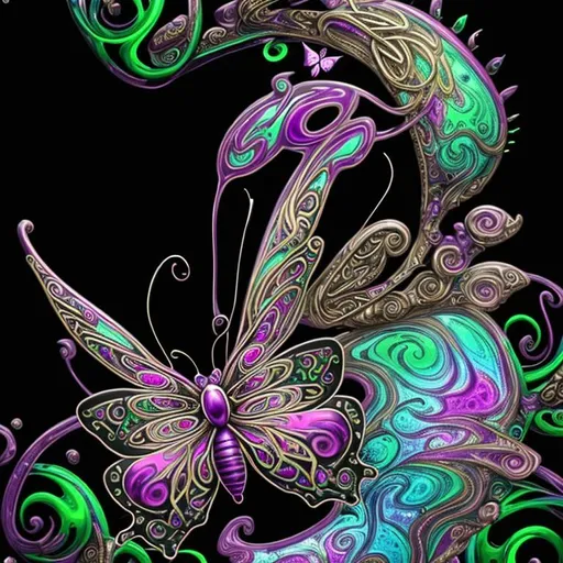 Prompt: beautiful freeform colorful chaos epic bold, 3D, HD, {one}({liquid metal {Celtic}butterfly} with {purple gold pink green red silver blood}ink), expansive psychedelic background --s99500