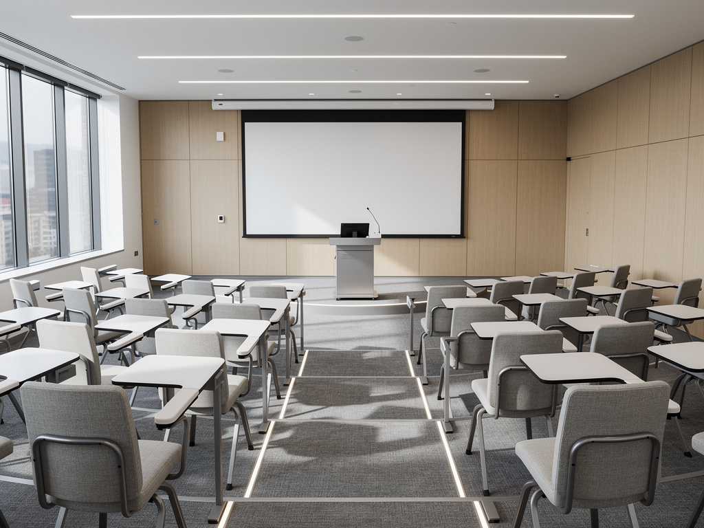 An empty lecture room of a university. It is a lect...