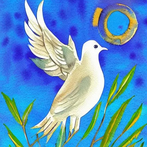 Prompt: Peace dove with olive branch in beak in the blue sky with a heavenly sun shining. Watercolor with a small sacred heart showing lower right 