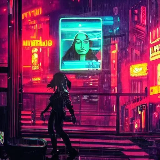 Prompt: mona lisa cyberpunk 2077... bladerunner city background neon rain