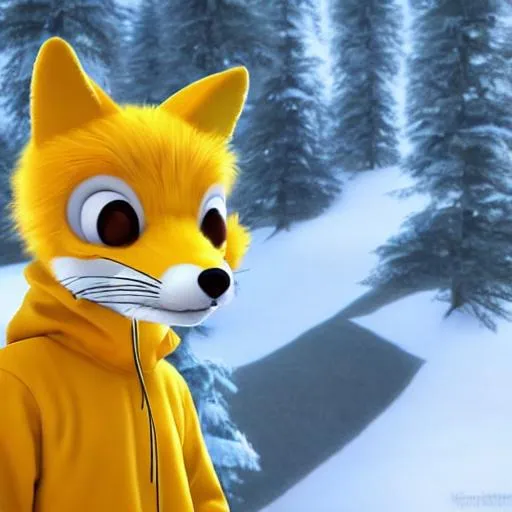 Prompt: Anthropomorphic male yellow fox, wearing hoodie furry, fluffy, cute, humanoid, fursona, cute eyes, adult, tall, hd, white belly, yellow arms, white snout, orange hair, fur, realistic, 4k