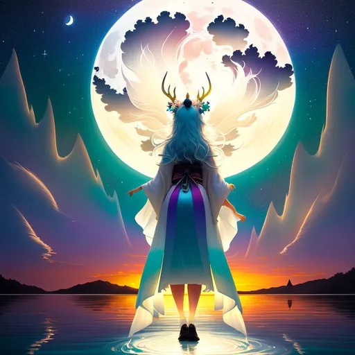 Prompt: painting of a beautiful girl, style of Yoshitaka Amano and Pixar, (messy cream white hair), arms showing, legs showing, dusk, sunset, ((sunset at the lake)), bioluminescent, veils, moon, (wearing intricate kimono), (white stag horns),  (fluffy white ears), stars, night sky, delicate, teal, pink, orange, black, bright colors, soft, silk, threads, ethereal, nebula, galaxy, luminous, ribbons, 3D lighting, soft light