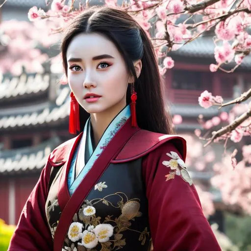Prompt: professional modeling photo disney mulan as live action human woman hd hyper realistic beautiful chinese princess black  hair fair skin brown eyes beautiful face traditonal chinese dress jade jewelry enchanting
chinese garden hd background with live action realistic flowering trees and plants