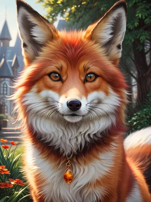Prompt: (8k, masterpiece, oil painting, professional, UHD character, UHD background) Portrait of Vixey, Fox and Hound, close up, mid close up, brilliant red fur, brilliant amber eyes, big sharp 8k eyes, sweetly peacefully smiling, detailed smiling face, extremely beautiful, alert, curious, surprised, cute fangs, enchanted garden, vibrant flowers, vivid colors, lively colors, vibrant, high saturation colors, uv, uwu, flower wreath, detailed smiling face, highly detailed fur, highly detailed eyes, highly detailed defined face, highly detailed defined furry legs, highly detailed background, full body focus, UHD, HDR, highly detailed, golden ratio, perfect composition, symmetric, 64k, Kentaro Miura, Yuino Chiri, intricate detail, intricately detailed face, intricate facial detail, highly detailed fur, intricately detailed mouth