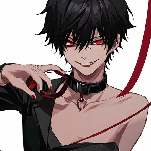 Prompt: Damien  (male, short black hair, red eyes) wearing a collar and holding a leash pulling on it. grinning seductively 
