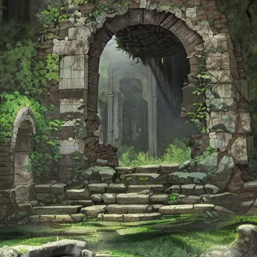 Prompt: concept art of ancient fantasy ruins in a forest with an ancient archway in it's walls, trending on artstation, gloomy, foggy