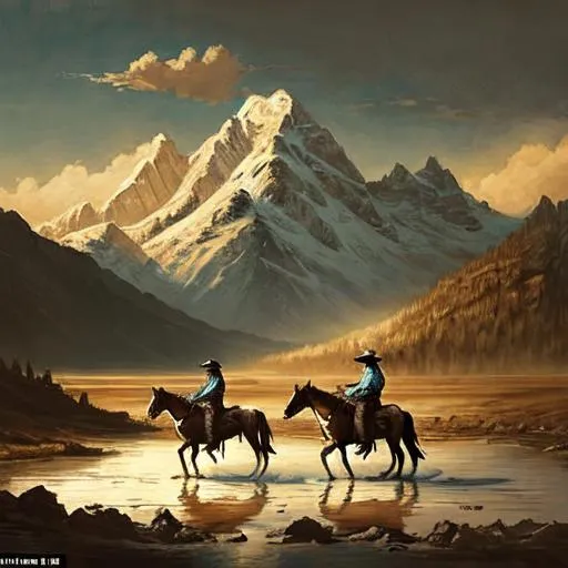 Prompt: Two cowboys riding horses near a lake with a snowy mountain in the background, westernpunk, oil painting, rugged terrain, vintage cowboy hats, dusty atmosphere, dramatic lighting, high quality, detailed horses, scenic landscape, wild west vibes, rustic color palette, atmospheric clouds, detailed boots