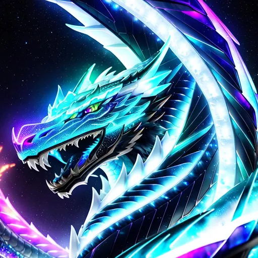 Prompt: Watercolor portrait of a roaring neon ice dragon with iridescent black markings roaring with and galaxy in background, perfect composition, hyper realistic, super detailed, 8k, high quality, trending art, trending on art station, sharp focus, studio photo, intricate details, highly detailed, by greg rutkowski, illustration, watercolor