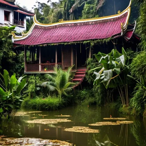 Prompt: Picturesque Vietnam. A corner balcony brushes up against the brambles. A lantern hangs on the corner, shining with gold flakes because the house was just blessed. A short couple watches from that balcony without a railing the dancing children and the young cows. It is early morning and the sky is grey and a mist spills out in the field and creeps out of a dirty swimming pond. The distance is the most striking. A Large gold Stupa, Temple tower beams the radiance of the buddha into and over the community. That is why they are here. The highest sky is deep serene blue with streaks of yellow clouds that resemble Koi fish. This year will bless them all. 