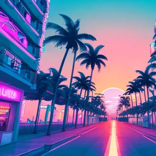 Prompt: vaporwave city, neon lighting, beautiful sunset, palm trees. Retro, 4k, high quality