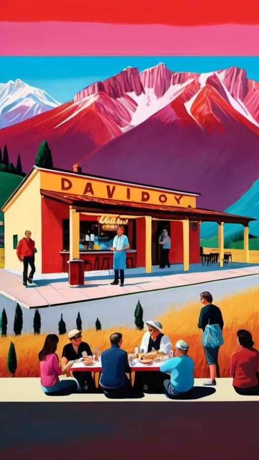 Prompt: (vibrant Italian landscape), group of people outside (dark red restaurant building), a (vintage radio) on the roof, (Gran Sasso mountains) towering in the background, (expressive David Hockney style), (colorful) sky background, warm light illuminating the scene, high contrast, lively ambiance, (ultra-detailed) setting, capturing a joyful moment connected to food and community.