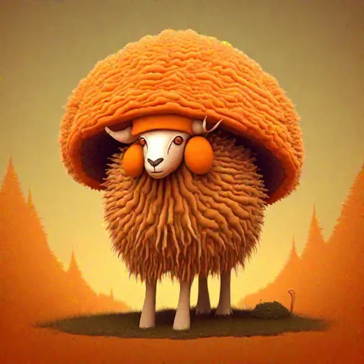 Prompt: Bipedal creature resembling a sheep, a giant curvy flat spiked orange mushroom hat, light-brown bark-like fur, orange wool, tusks, masterpiece, best quality, in Psychedelic style