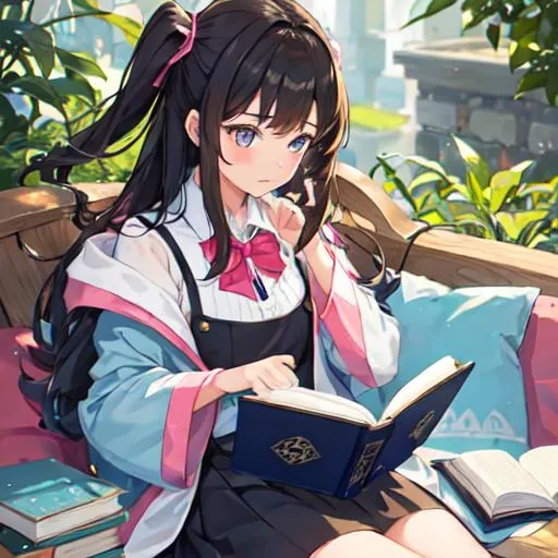 Prompt: a girl reading a magical book