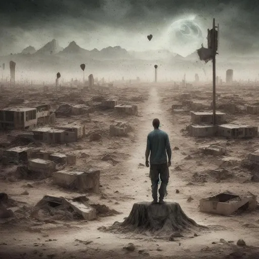 Prompt: the last man on earth, alone, lost, heart broken, dystopian world, UHD, hyper realistic, natural colors, 