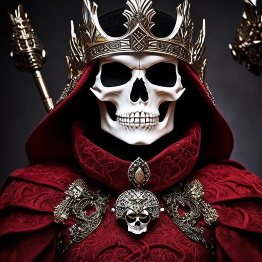 Prompt: Head of the King of bones, Dark Burning Skull, epic armor, Crown made of small bones, long red dress