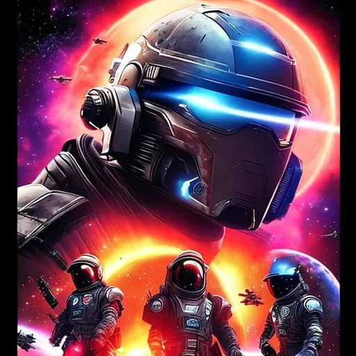 Prompt: 4 badass pilots space poster, armored visor helmet, explosions , gunship in background



