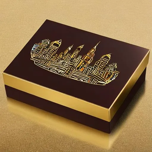 Prompt: Luxury Godiva chocolate limited edition box with United Arab Emirates designs and especially buildings. Limited edition. 6 piece chocolate box 