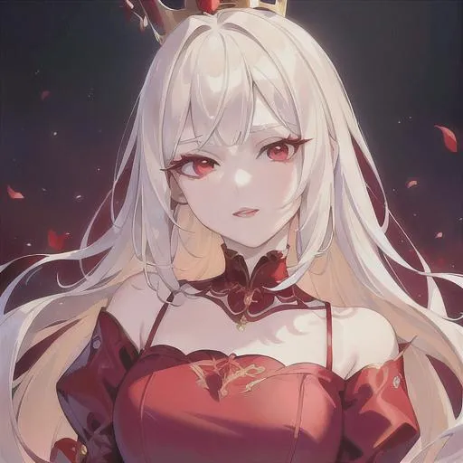 Prompt: (masterpiece, illustration, best quality:1.2), short trimmed white hair, angelic like red eyes, wearing red silky nightgown, has a tiny golden crown on top, princess theme, best quality face, best quality, best quality skin, best quality eyes, best quality lips, ultra-detailed eyes, ultra-detailed hair, ultra-detailed, illustration, colorful, soft glow, 1 girl