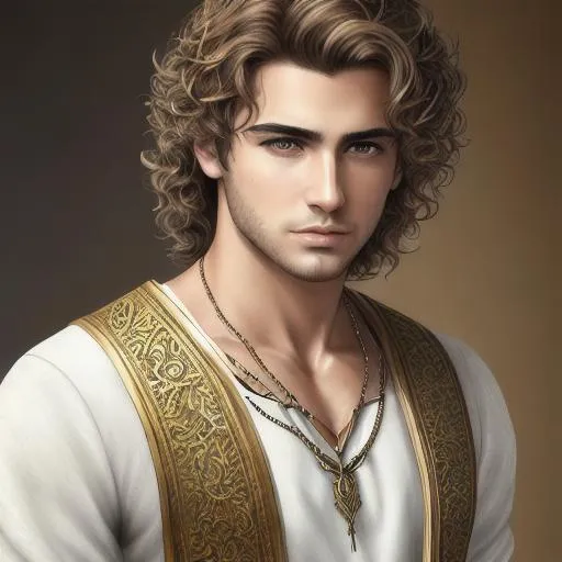 Prompt: Realistic oil painting of young adult fantasy male noble with brown eyes, olive skin, curly blonde hair, stubble on face,  wearing a white tunic, hypermasculine, 8k, sharp focus, studio photo, intricate details, highly detailed