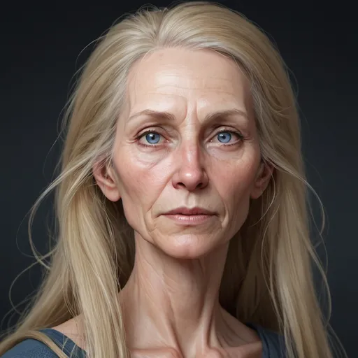 Prompt: hyper-realistic 65 year old female, shew is sickly skinny, she has a long oval face, She has blue close set eyes, she has pale skin, She has a very large nose, she has honey blonde hair that is straight and long, Her hair is super tangled like a rats nest, fantasy character art, illustration, dnd,