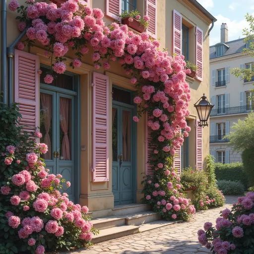 Prompt: A grand building adorned with vibrant pink flowers cascading down its side, a charming window draped with a delicate pink curtain, capturing the essence of neo-romanticism. Influenced by Blanche Hoschedé Monet's style, embrace a flemish Baroque elegance. Paint with lush, dramatic hues, illuminating the scene with a warm, inviting glow as a garden of roses flourishes around it, inviting serenity and beauty, ultra-detailed, HD.