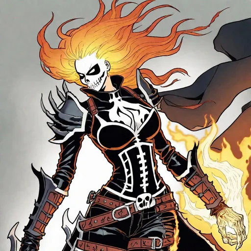Prompt:  "Anime Female Ghost Rider: A Spectral Avenger in Nordic Armor"

Introduction:

The world of anime has a rich history of creating unique and captivating characters, each with their own distinctive traits and powers. Imagine a character that combines elements of supernatural fantasy, gothic aesthetics, and powerful Viking lore, resulting in a striking and formidable female anime Ghost Rider. This essay delves into the details of an extraordinary character concept: an anime Female Ghost Rider with a flaming whip, a perfect autonomy, a slim muscular body tone, Nordic armor, Victorian tattoos, a flaming skull for a head, and a skeletal form.

I. The Flaming Whip:

Our anime Female Ghost Rider wields a blazing whip as her primary weapon. The whip is made of ethereal flames and is supernaturally flexible, allowing her to manipulate it with precision and dexterity. It can extend and retract at will, delivering devastating blows to her enemies and leaving trails of scorching fire in its wake. The whip symbolizes her mastery over the supernatural and her relentless pursuit of justice in the afterlife.

II. Perfect Autonomy:

Our character possesses a perfect autonomy over her spectral abilities. She has complete control over her powers, allowing her to harness the full potential of her supernatural nature. This autonomy enables her to adapt to different situations, making her a formidable and unpredictable force to be reckoned with.

III. Slim Muscular Body Tone:

The anime Female Ghost Rider has a slim yet muscular body tone. Her physique combines grace and strength, mirroring her unwavering determination to serve justice. Her figure exudes power while maintaining a sense of elegance and grace that is characteristic of many anime heroines.

IV. Nordic Armor:

Her choice of attire is inspired by Nordic mythology, featuring intricately designed Viking-style armor. The armor is not only visually stunning but also provides her with enhanced protection and resilience against her adversaries. Its Nordic motifs and ornate engravings tell a story of a warrior with a deep connection to her Scandinavian heritage.

V. Victorian Tattoos:

To add a touch of Victorian-era aesthetics, our anime Female Ghost Rider bears a series of intricate and beautiful tattoos. These tattoos tell her personal story, reflecting her experiences and battles throughout her existence. The tattoos are not just decorative; they hold a supernatural significance, enhancing her connection to the spirit world and her ability to interact with the spectral realm.

VI. Flaming Skull for a Head:

The most iconic feature of our character is her flaming skull for a head. This fiery visage embodies the true essence of a Ghost Rider. Her skull is constantly engulfed in a bright, eerie blue flame that represents her connection to the supernatural and her role as an agent of vengeance and retribution. The flames flicker and dance, adding an element of mystique to her appearance.

VII. A Skeleton Form:

Beneath the flaming exterior, our anime Female Ghost Rider is a skeleton, a symbol of her status as a supernatural entity. Her skeletal form is gracefully adorned in her Nordic armor, emphasizing her otherworldly beauty and ethereal power.

Conclusion:

The concept of an anime Female Ghost Rider with a flaming whip, perfect autonomy, a slim muscular body tone, Nordic armor, Victorian tattoos, a flaming skull for a head, and a skeletal form combines elements of mythology, aesthetics, and supernatural power. This character is a testament to the creativity and imagination that anime brings to life, promising a captivating and unique addition to the world of anime and the pantheon of memorable characters. With her striking appearance and her ability to command the supernatural, she is destined to become a beloved and formidable presence in the anime universe.