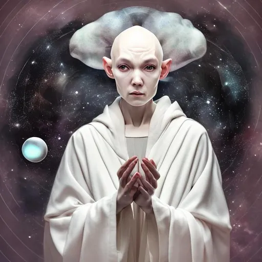 Prompt: androgynous, benevolent, innocent, ALIEN wizard femme, pearl skin, bald, soft expression, black eyes, holding an orb, wearing cloak, surrounded by outer space