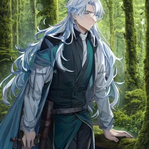 Prompt: Rugged Danish medieval young man with icy blue eyes and long white hair in a dark lush green forest