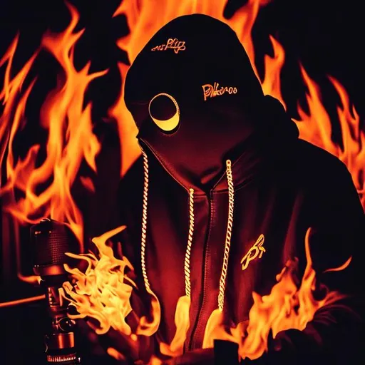 Prompt: BLACK RAPPER NO FACE FLAMES AND FIRE IN A BOOTH MAKING A SONG IN THE STUDIO HIS NAME IS PABLO 