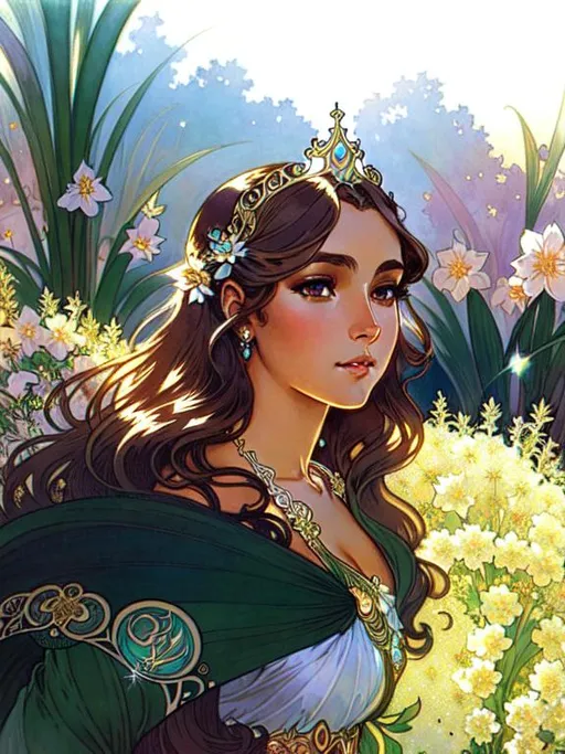 Prompt: Highly detailed light tanned lady,brow crawl hair, full-body shot, ethereal, tiara, full art nouveau background, flower background,mucha,alphonse mucha,classical,elegant,noble,nostalgia,Old school