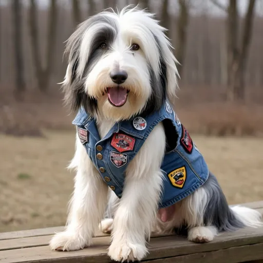 Prompt: bearded collie wearing a heavy metal music denim vest with patches