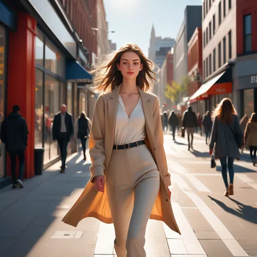 Prompt: (tall young woman walking down the high street), (detailed clothing), (realistic), natural lighting, bustling urban background, warm daylight illuminating the scene, vibrant city life around, elegant pose, subtle fluidity in her movement, high-quality, ultra-detailed, inviting atmosphere, modern street fashion aesthetics.