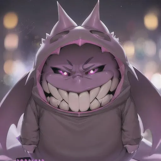 Prompt: Gengar happy, Professional, Highly Detailed, Hyperrealistic, sharp focus, Professional, UHD, HDR, 8K, Render, HD, Trending on ArtStation, bokeh, outdoor,  ghost, spooky, Mansion, pokemon