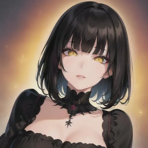 Prompt: (masterpiece, illustration, best quality:1.2), short trimmed all black hair, yellow eyes, wearing black silky nightgown, best quality face, best quality, best quality skin, best quality eyes, best quality lips, ultra-detailed eyes, ultra-detailed hair, ultra-detailed, illustration, colorful, soft glow, 1 girl