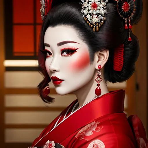 Prompt: Ruby lady-a geisha all in red, full face, elegant, facial closeup