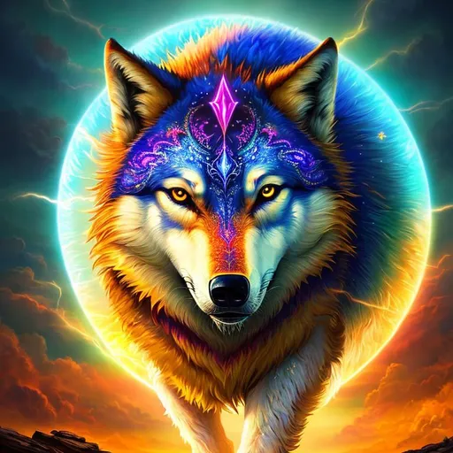 Prompt: (masterpiece, professional illustration, epic digital art, best quality:1.5), insanely beautiful wolf, ancient, celestial guardian, growling, glaring, global illumination, psychedelic colors, illusion, sunrise, finely detailed, calm, detailed face, beautiful detailed eyes, beautiful defined detailed legs, beautiful detailed shading, slender, highly detailed body, (lightning halo), tilted halo, {body crackling with lightning}, billowing wild fur, lilac magic fur highlights, fox ears, jewel crusted crest, lightning blue eyes, flaming eyes, ice elements, {auroras} fill the sky, {ice storm}, crackling lightning, (lightning halo), tilted halo, corona behind head, highly detailed pastel clouds, lightning charged atmosphere, full body focus, beautifully detailed background, cinematic, Yuino Chiri, Kentaro Miura, 64K, UHD, intricate detail, high quality, high detail, masterpiece, intricate facial detail, high quality, detailed face, intricate quality, intricate eye detail, highly detailed, high resolution scan, intricate detailed, highly detailed face, very detailed, high resolution