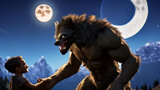 Prompt: Realistic werewolf holding a child's hand with a friendly smile as the full moon rises over the mountains