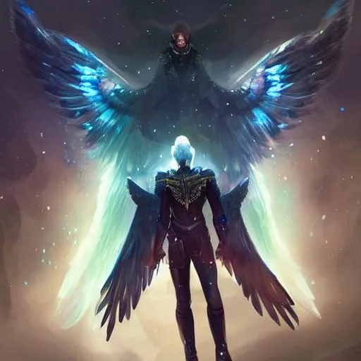 Prompt: young male, star angle, made of stars, wings, space, constellation, highly detailed, fantasy, concept art, distant headshot, zoomed out, distant portrait, whole body, digital painting, illustration, greg rutkowski