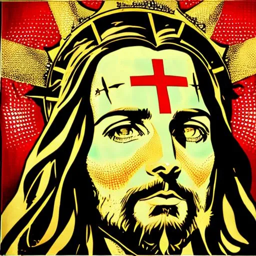 Prompt: 4 identical images of Jesus Christ wearing crown of thorns, inspired by Shroud of Turin, inspired by Andy Warhol pop art modern art portraits, 8-bit color