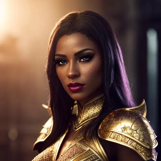 Prompt: cinematic realistic portrait of beautiful woman, 8K quality, 3/4 body shot, movie poster, fantasy, dungeons & dragons, final fantasy, concept art, splash art, witchblade, fierce pose, intricate armour, highly detailed, dark skin, dark makeup, deep red lipstick, HD quality, 3D lighting, filigree, gold, glitter, highlight, halo, lens flare, light